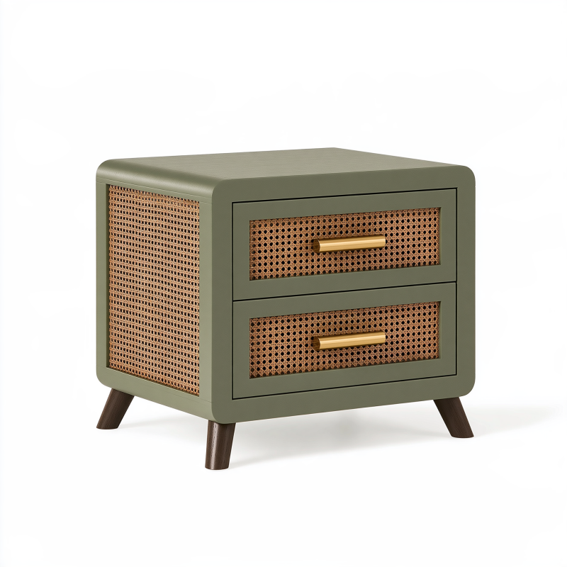 Nachttisch 50 x 40 x 55 cm aus Holz und Rattangeflecht in Olivgrün mit 2 Schubladen Retro-Stil