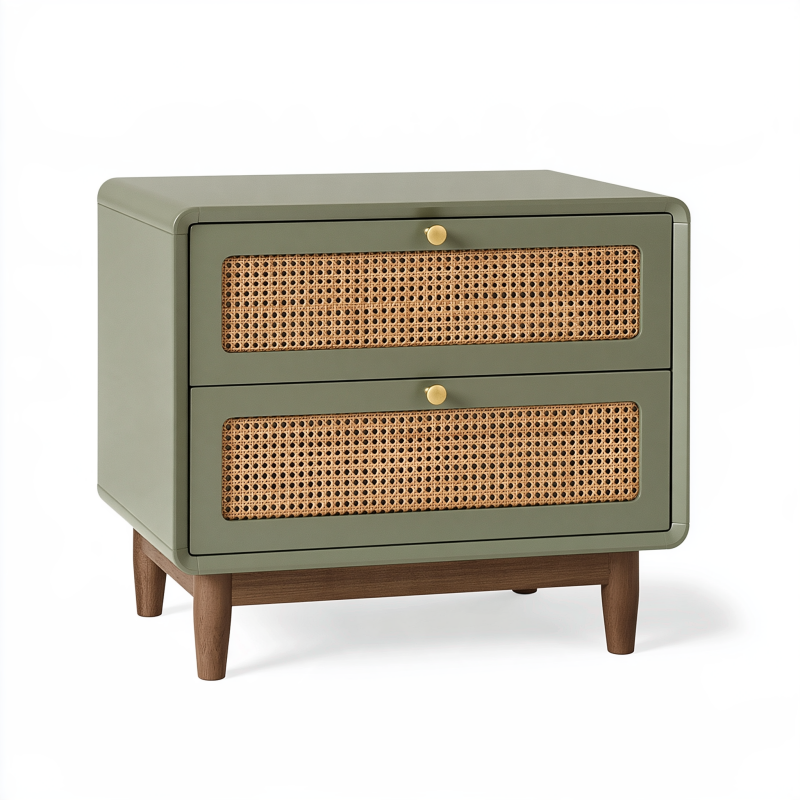Nachttisch 60 x 40 x 60 cm aus Holz olivgrün mit Rattangeflecht im Retro-Stil