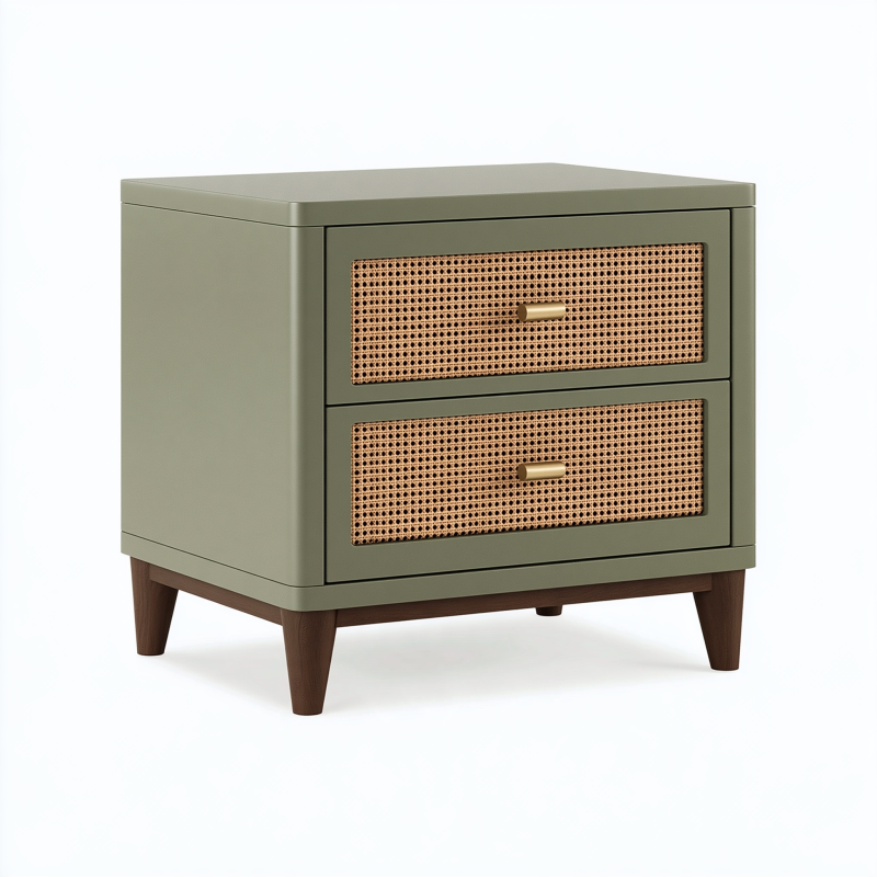 Nachttisch 50 x 40 x 55 cm aus Holz und Rattangeflecht Olivgrün mit 2 Schubladen im Mid-Century-Stil