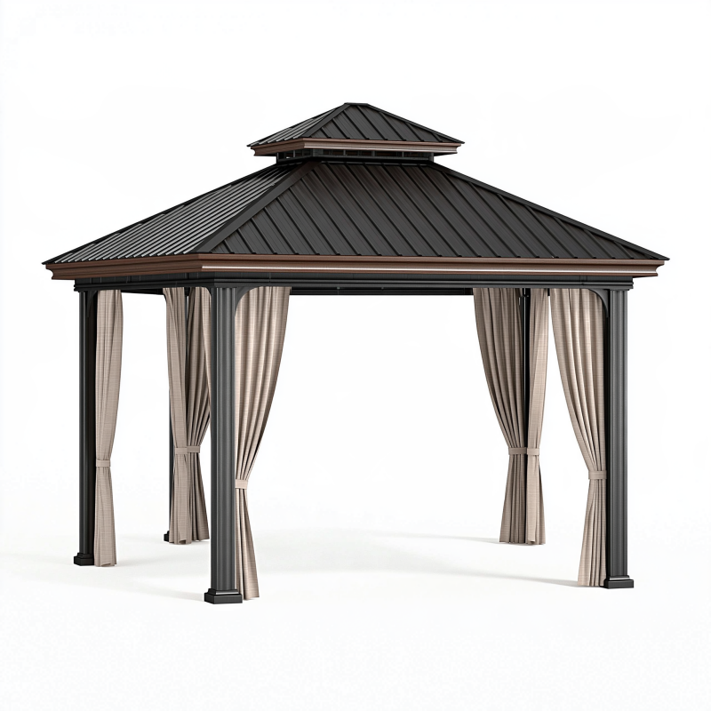Gartenpavillon 300 x 300 x 300 cm Metall Anthrazit Braun mit Vorhängen und Hartdach