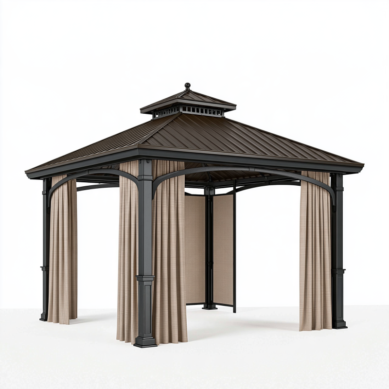 Gartenpavillon 300 cm x 300 cm x 300 cm Metall Dunkelbraun mit beigen Vorhängen klassisches Pagodendach