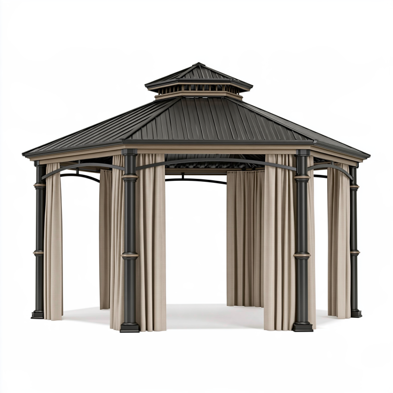 Gartenpavillon 300 x 300 x 300 cm Metall Beige Schwarz mit Vorhängen und Belüftungsdach