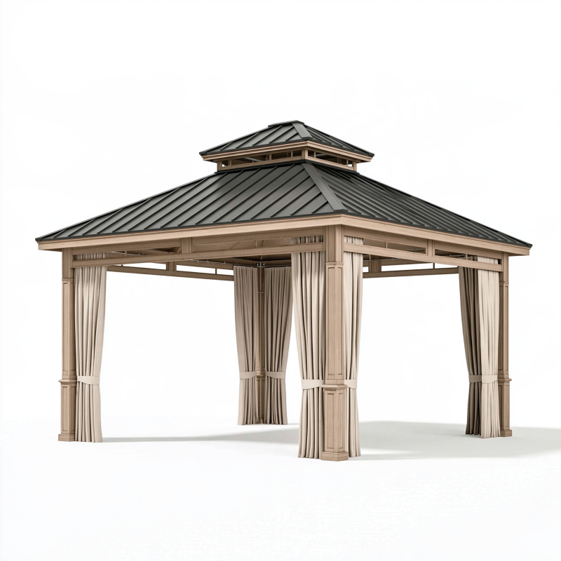 Pavillon 300 x 300 cm Holz Beige mit Metall-Dach und Vorhängen