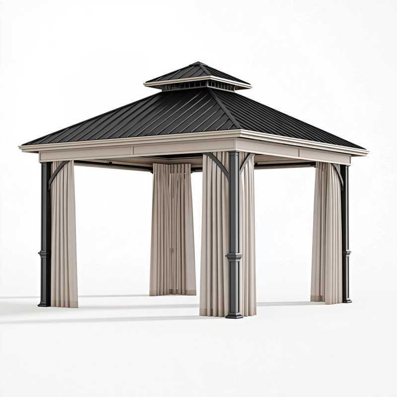 Gartenpavillon 300 x 300 x 300 cm Stahl Polyester Schwarz Beige mit Vorhängen