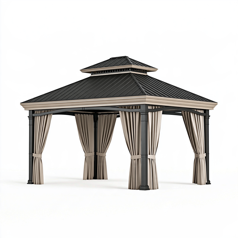 Pavillon 300 x 300 cm aus Stahl in Anthrazit Beige mit Vorhängen für Garten