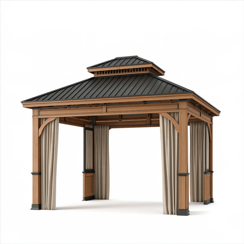 Gartenpavillon 300 x 300 cm Holz Braun mit Metalldach und Vorhängen