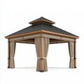 Pavillon 300 x 300 x 300 cm Holzoptik Beige mit Metalldach und Vorhängen