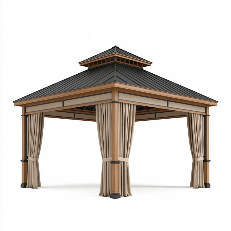 Pavillon 300 x 300 x 300 cm Holzoptik Beige mit Metalldach und Vorhängen