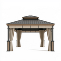 Pavillon 400 x 300 cm mit Metallrahmen schwarzem Dach und beigefarbenen Vorhängen für Garten und Terrasse