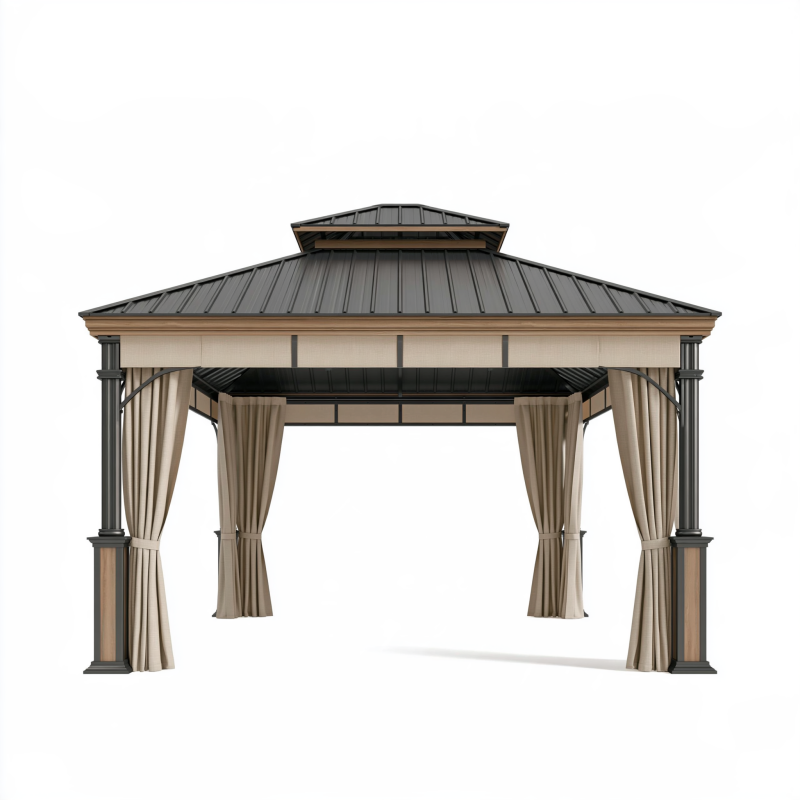 Pavillon 400 x 300 cm mit Metallrahmen schwarzem Dach und beigefarbenen Vorhängen für Garten und Terrasse