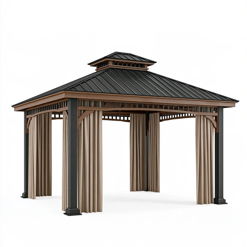 Gartenpavillon 400 x 300 cm Schwarz Braun mit Metallrahmen Vorhängen und Doppeldach