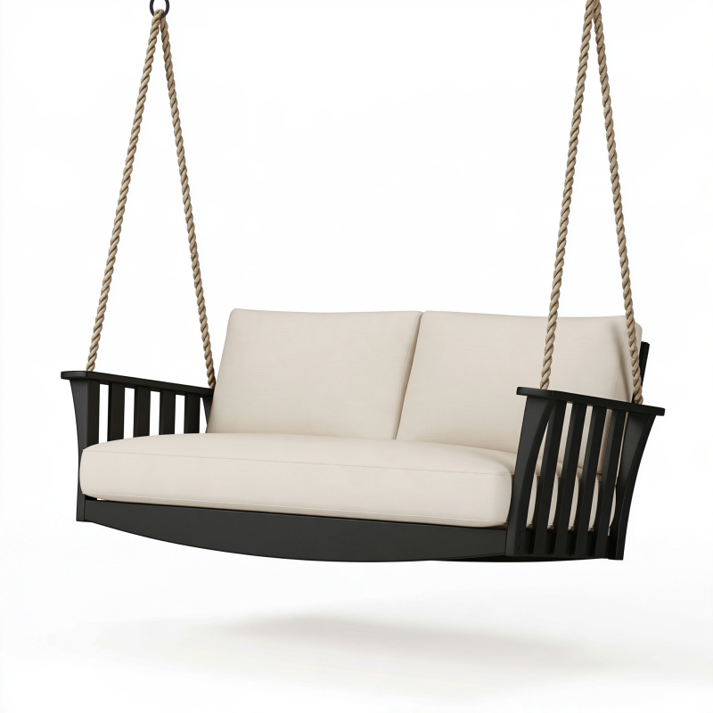 Hängesofa 150 x 75 x 65 cm Holz Schwarz Creme für den Außenbereich mit Seilaufhängung