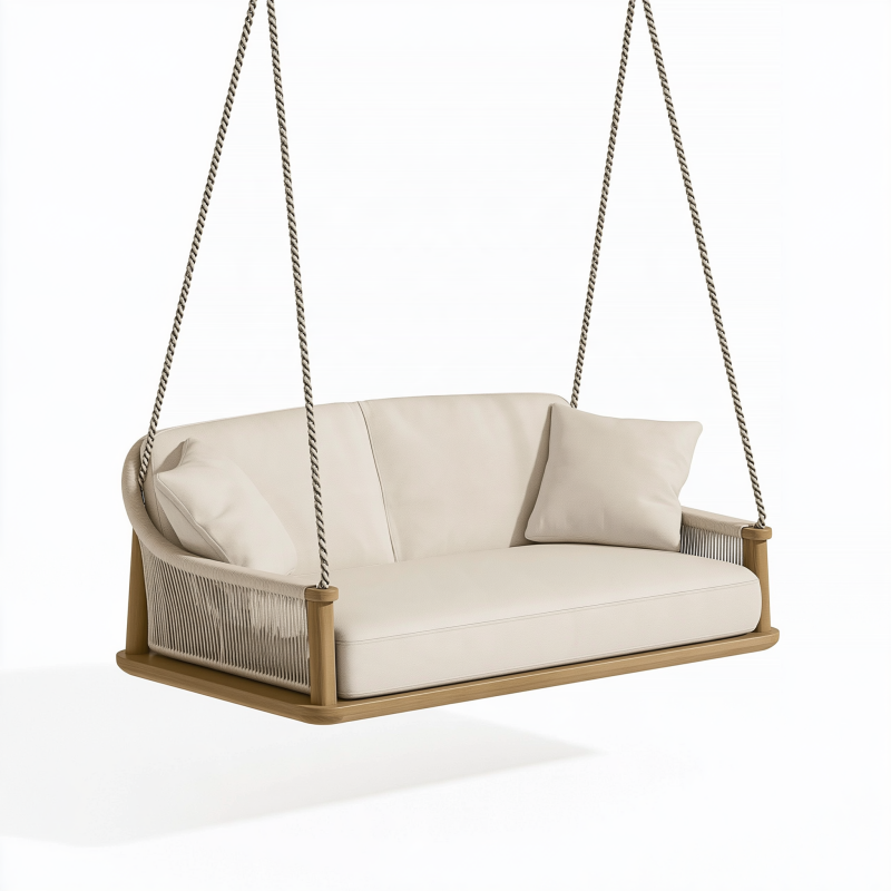 Hängesofa 180 x 75 x 65 cm aus Holz und Seil in Beige für überdachte Außenbereiche