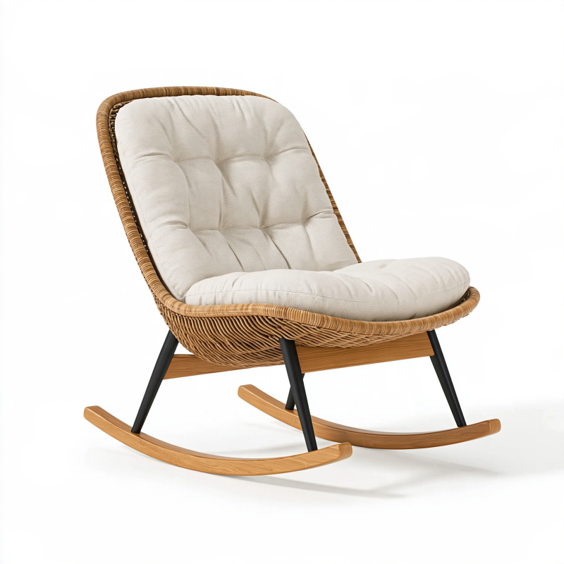 Schaukelstuhl 68 x 95 x 100 cm Rattan Naturbraun Creme mit gepolsterter Sitzfläche skandinavischer Stil