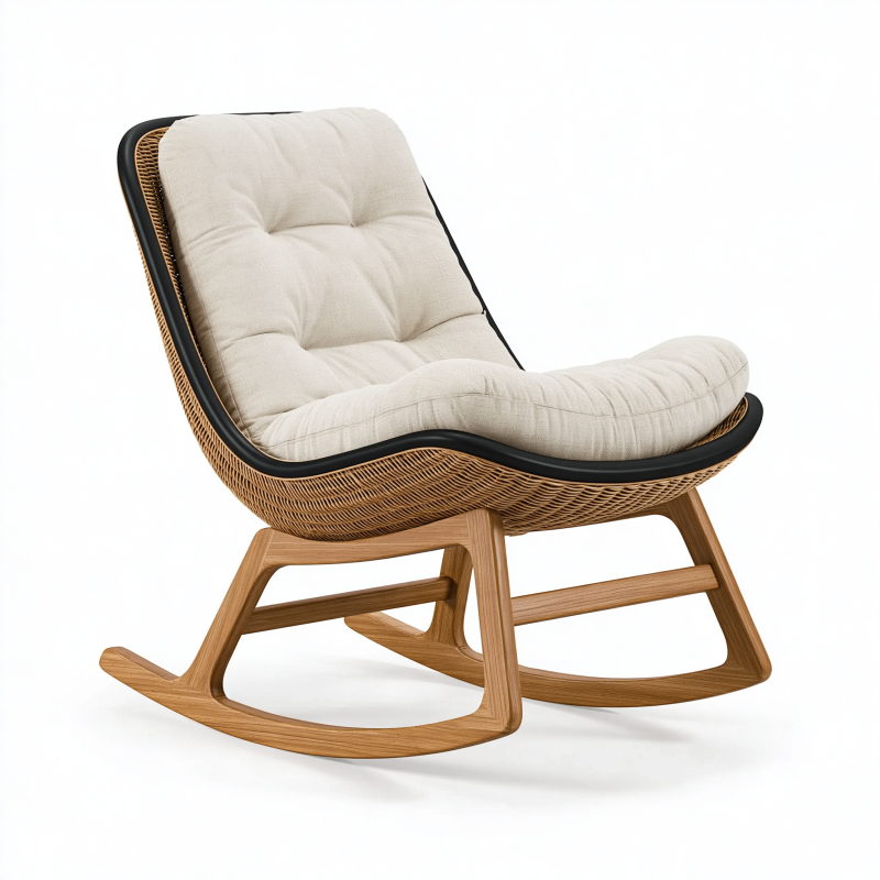 Skandinavischer Schaukelstuhl 100 x 70 x 95 cm aus Holz und Rattan in Beige Naturbraun Schwarz mit Polsterung
