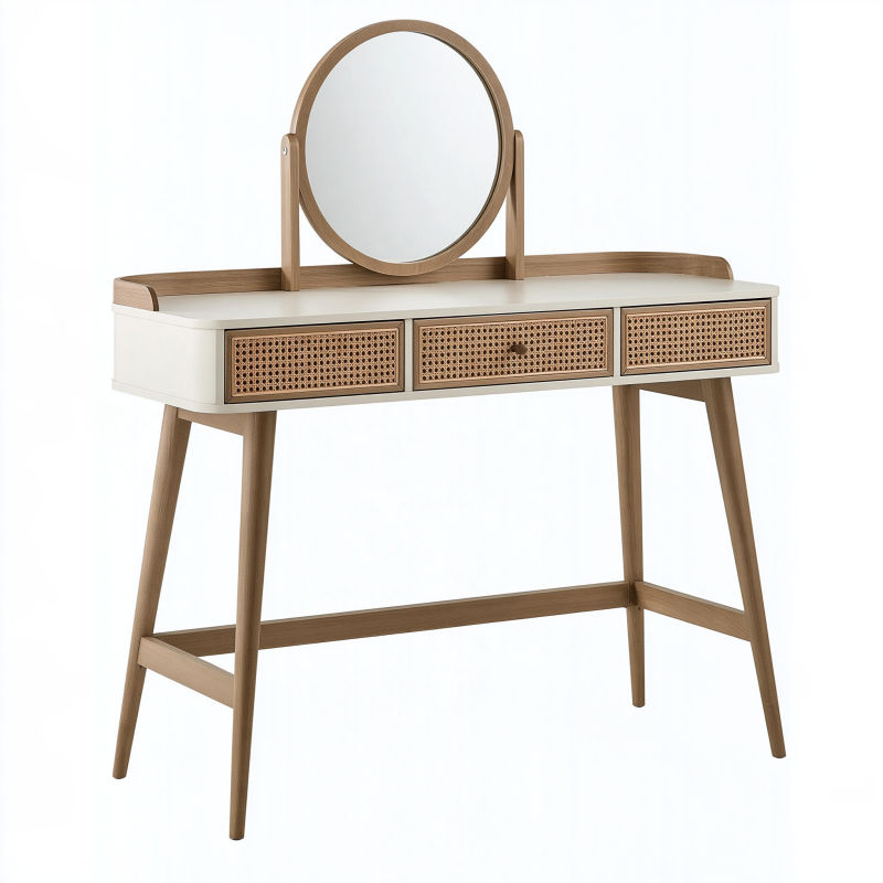 Schminktisch 100 x 45 x 130 cm in Weiß und Naturholz mit Spiegel Rattan Schubladen Skandi-Stil