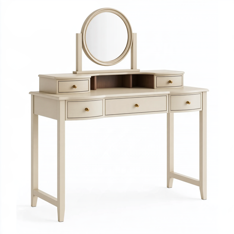 Schminktisch 120 cm Holzwerkstoff Creme mit rundem Spiegel und Schubladen