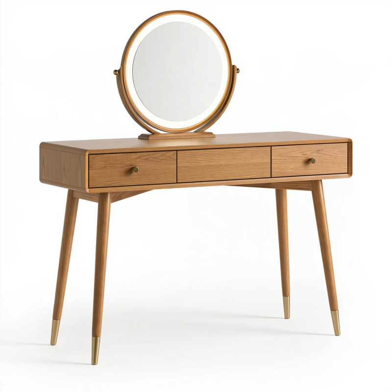 Schminktisch 120 x 45 x 140 cm in Holzoptik mit Rundspiegel und 3 Schubladen Mid-Century-Stil