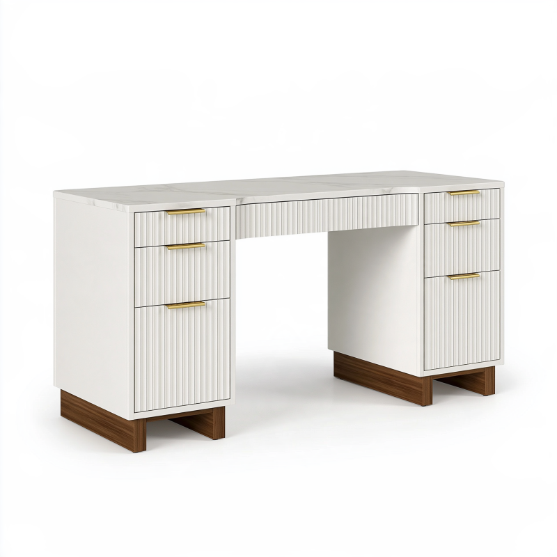 Schreibtisch 140 x 60 x 76 cm aus Holzwerkstoff Weiß/Braun mit 7 Schubladen geriffelter Front