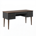 Schreibtisch 140 x 60 x 75 cm aus Holzwerkstoff in Schwarz und Dunkelbraun mit 5 Schubladen im Mid-Century-Stil