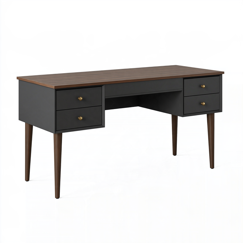 Schreibtisch 140 x 60 x 75 cm aus Holzwerkstoff in Schwarz und Dunkelbraun mit 5 Schubladen im Mid-Century-Stil