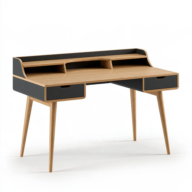 Schreibtisch 120 x 60 x 90 cm Holzwerkstoff Natur/Schwarz mit Schubladen im Retro-Stil