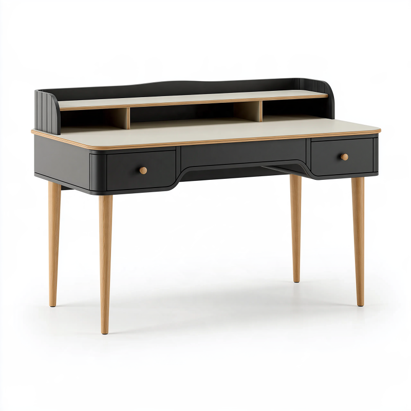 Schreibtisch 120 x 60 x 90 cm aus Holzwerkstoff in Schwarz Naturholz mit Ablagefächern und Schubladen