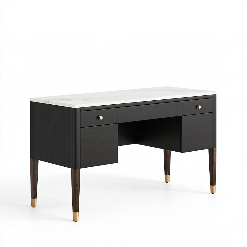 Schreibtisch 140 x 60 x 76 cm Schwarz Holzwerkstoff Marmoroptik Modern mit 5 Schubladen