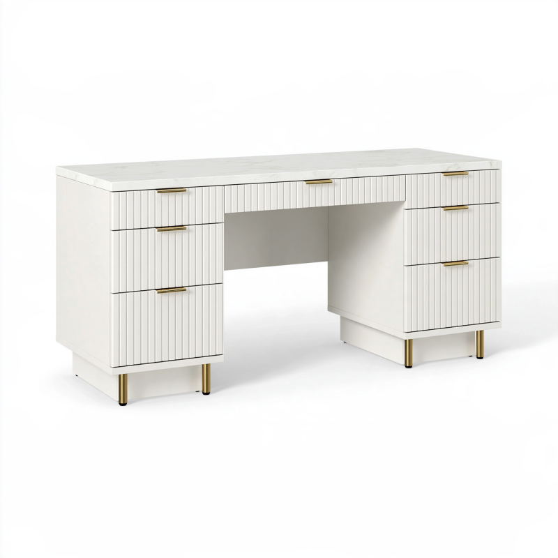 Schreibtisch 140 x 60 x 76 cm Weiß Goldfarben Holzwerkstoff mit 7 Schubladen moderner Stil
