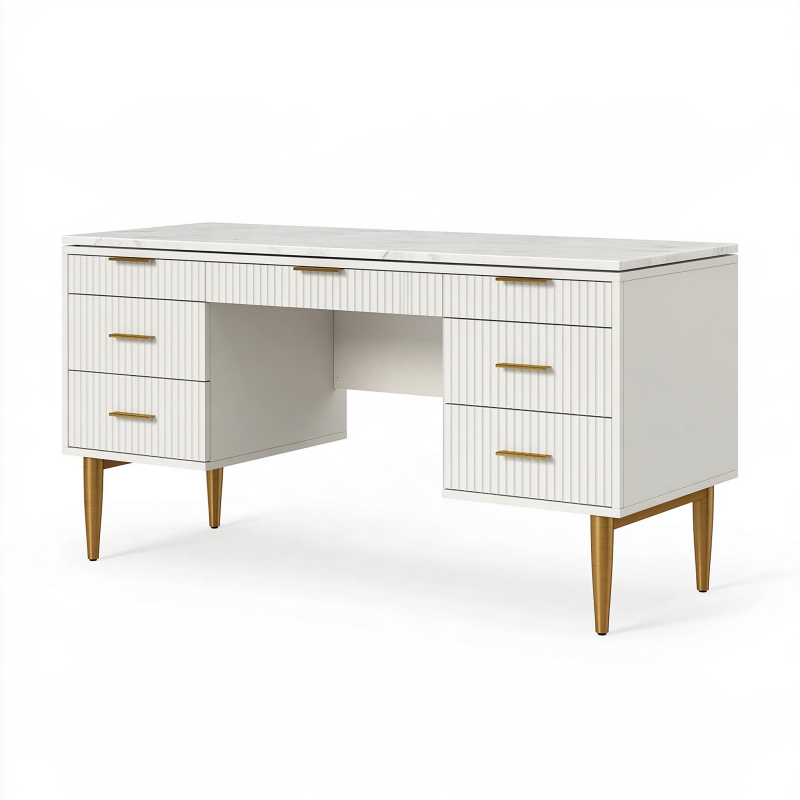 Schreibtisch 140 x 60 cm Weiß Holzwerkstoff mit 5 Schubladen im modernen Stil