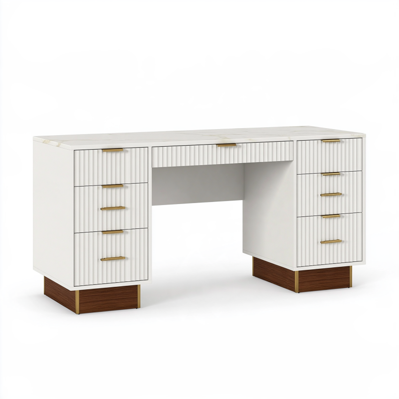 Schreibtisch 150 x 60 x 76 cm Weiß Holzwerkstoff mit 9 Schubladen geriffeltes Design