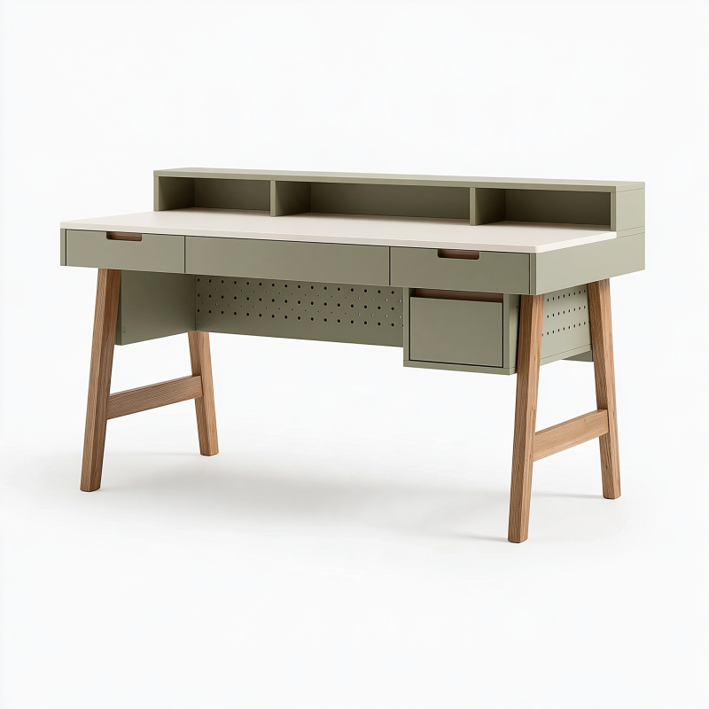 Schreibtisch 120 x 60 x 90 cm aus Metall und Holz olivgrün im modernen Stil mit Schubladen und Ablagen