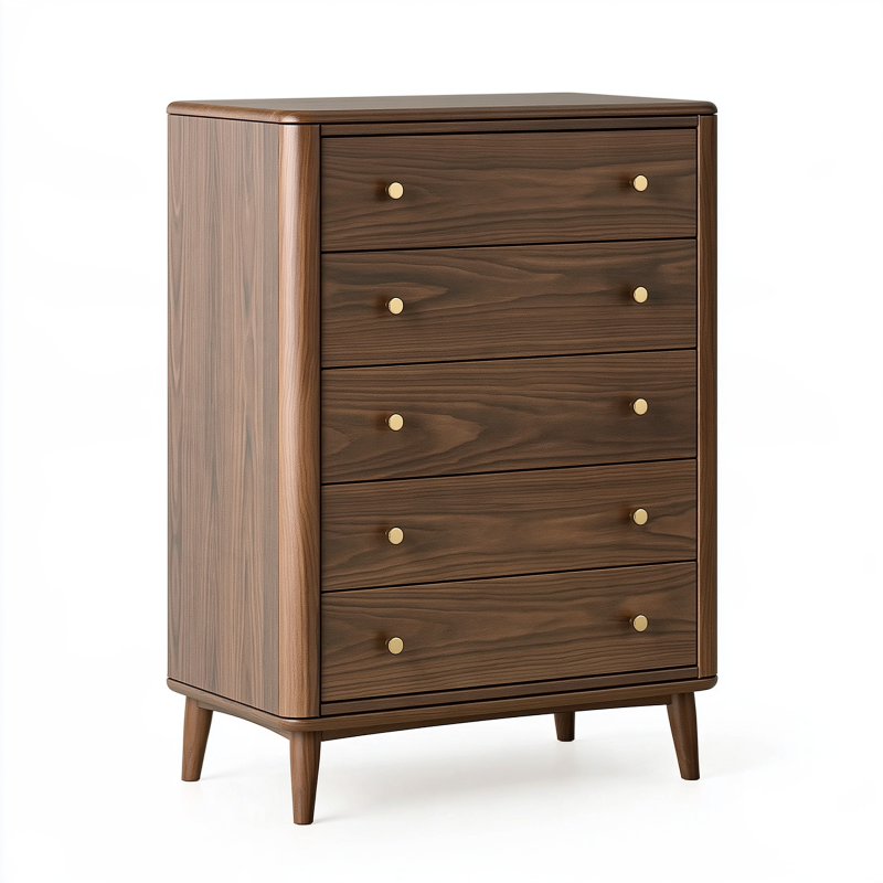 Kommode 90 x 45 x 120 cm Holz Walnussbraun mit 5 Schubladen Mid Century Stil